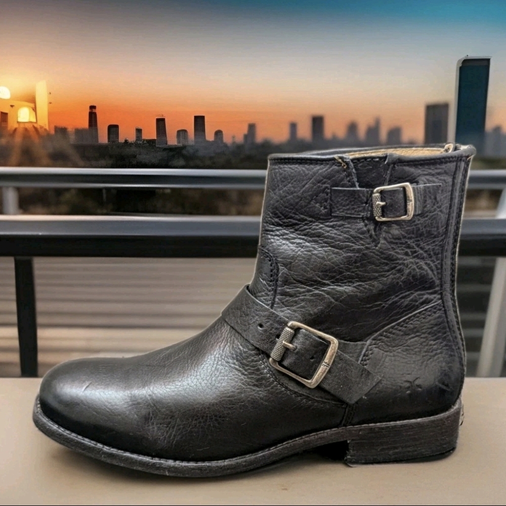 Womens Frye Tyler Engineer Boots Sz 8.5 Used Black Leather 3474870 Rear Zip Moto